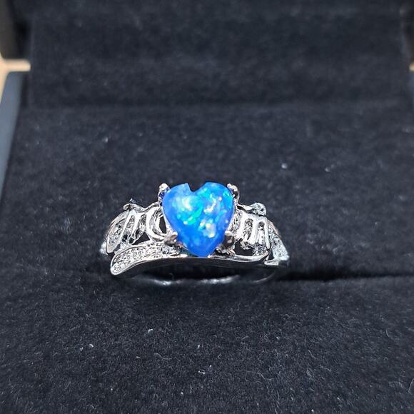 Blue Heart Simulated Opal Silver Fashion Ring, Size 7 - Picture 1 of 4